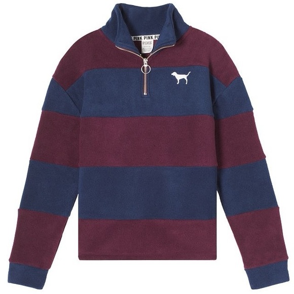 PINK Victoria’s Secret Maroon & Navy Striped 1/4 Zip Polar Fleece Pullover-6031 - Picture 4 of 9